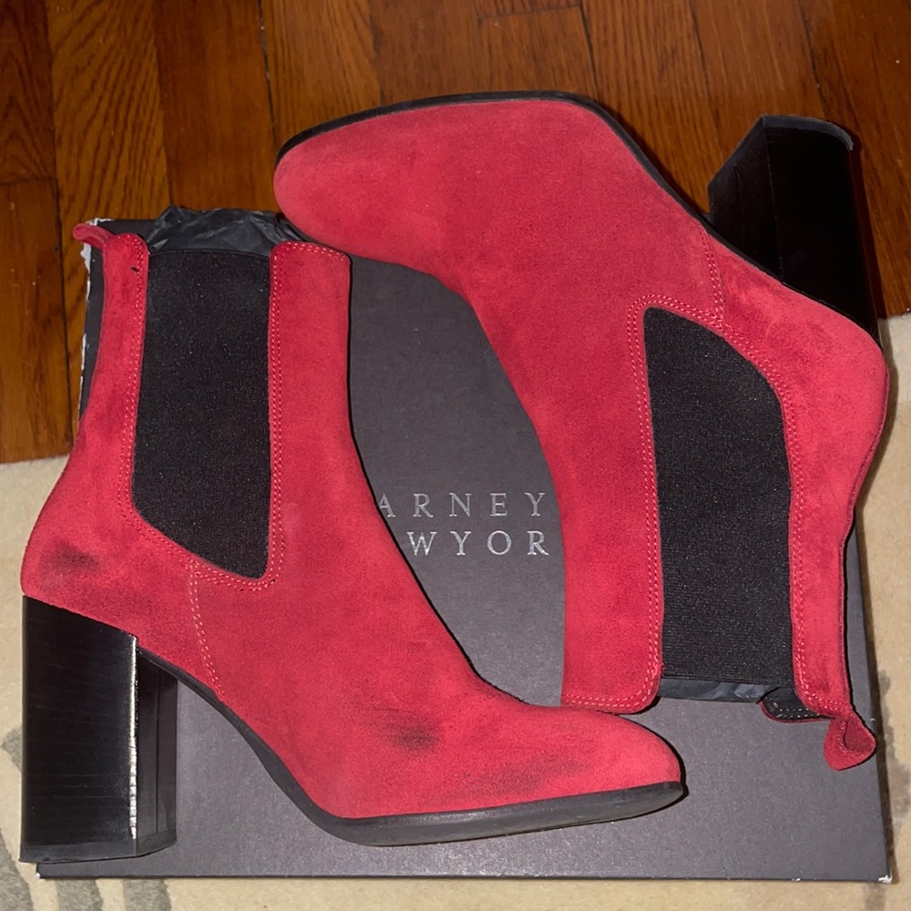 Red suede Barney’s boot